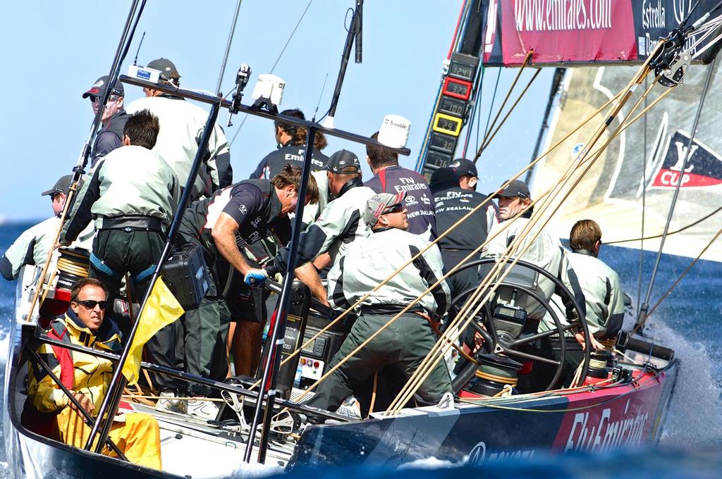 A serious traditional grinding team - Emirates Team New Zealand, NZL82 before the start of racing on day two in the choppy seas and a breeze of up to 20 knots. Louis Vuitton Act 8. Trapani, Sicily, Italy.  © Chris Cameron/ETNZ http://www.chriscameron.co.nz